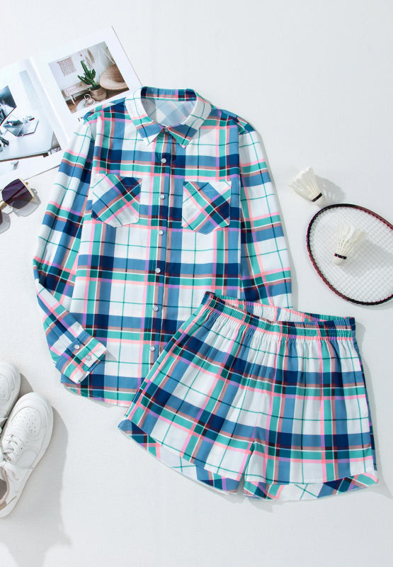 Blue Zone Planet | Plaid Button Down Long Sleeve Shirt and Shorts Lounge Set-TOPS / DRESSES-[Adult]-[Female]-2022 Online Blue Zone Planet