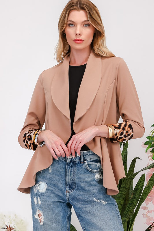 Blue Zone Planet | Celeste Full Size Rolled Leopard Cuff Open Front Blazer-TOPS / DRESSES-[Adult]-[Female]-Mocha-S-2022 Online Blue Zone Planet