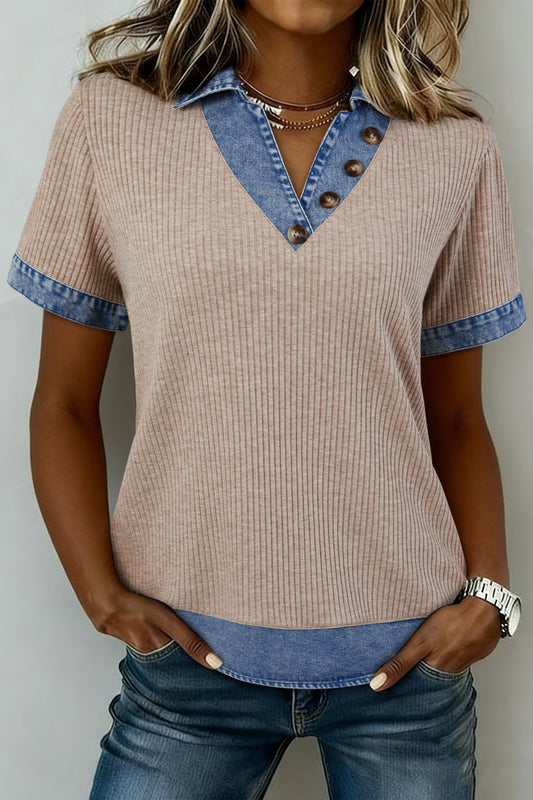 Beige Ribbed Knit Denim Color Block Patchwork Button Detail Collared Blouse-Tops/Blouses & Shirts-[Adult]-[Female]-Beige-S-2022 Online Blue Zone Planet