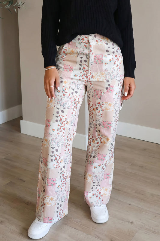 Pink Floral Patchwork Wide Leg Full Length Jeans-Bottoms/Jeans-[Adult]-[Female]-Pink-4-2022 Online Blue Zone Planet
