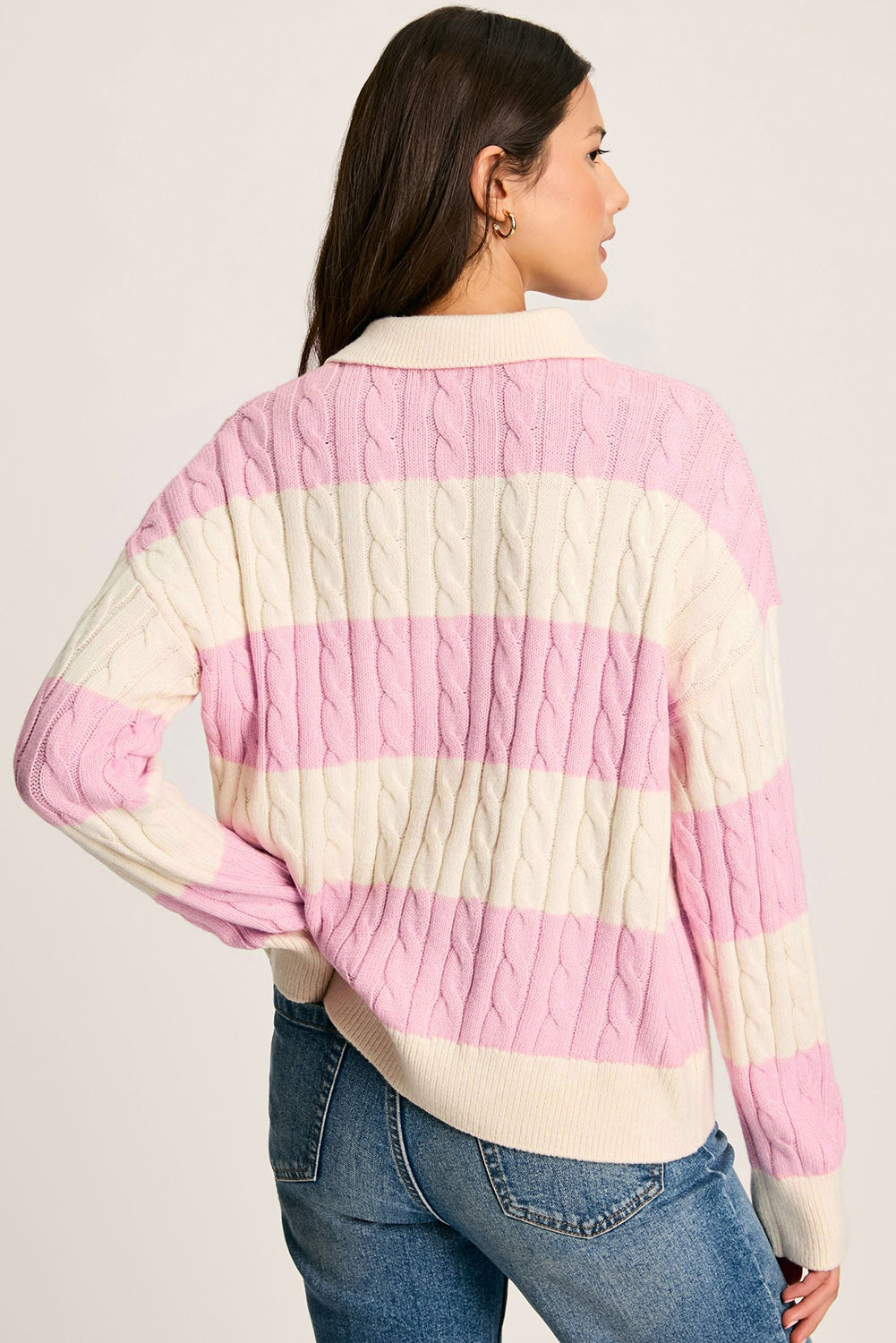 Pink Stripe Cable Knit Collared Henley Sweater-Sweaters & Cardigans/Sweaters-[Adult]-[Female]-2022 Online Blue Zone Planet