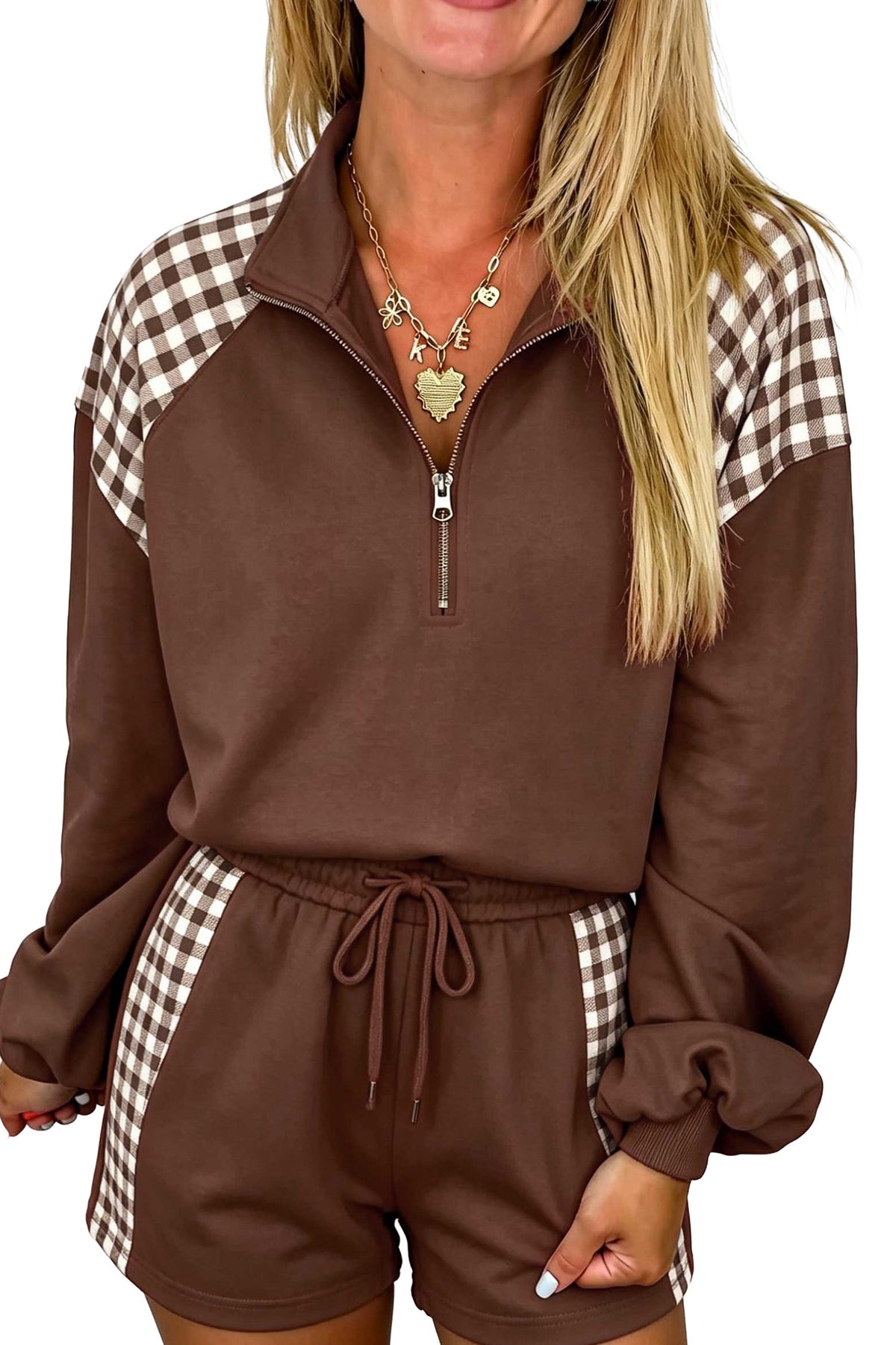 Coffee Plaid Patchwork Half Zip Pullover Drawstring Short Set-Two Piece Sets/Short Sets-[Adult]-[Female]-2022 Online Blue Zone Planet