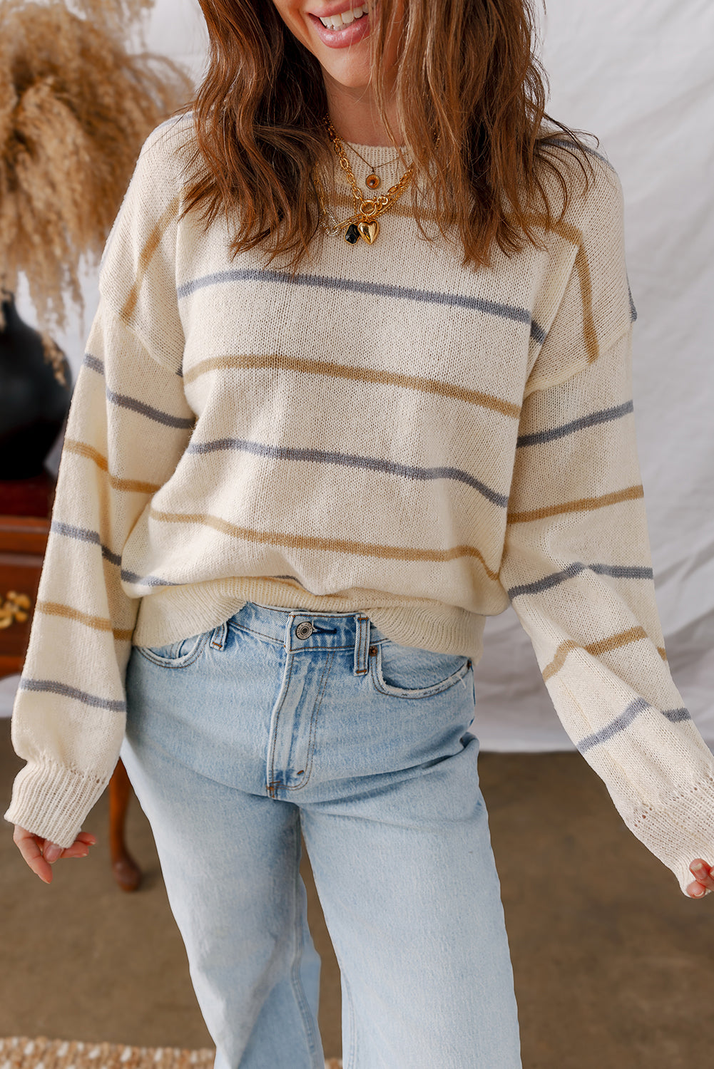 Multicolour Striped Ribbed Edge Drop Shoulder Sweater-TOPS / DRESSES-[Adult]-[Female]-Multicolour-S-2022 Online Blue Zone Planet