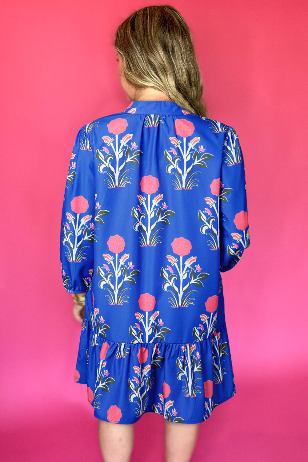 Blue Floral Print Button Detail 3/4 Puff Sleeve Ruffle Hem Dress-Dresses/Floral Dresses-[Adult]-[Female]-2022 Online Blue Zone Planet