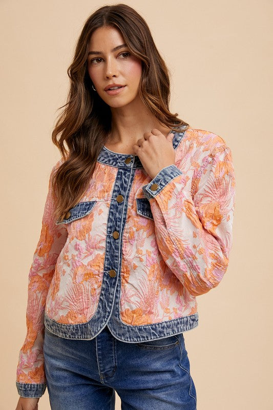 Annie Wear Floral Jacquard Denim Contrast Button Down Jacket-TOPS / DRESSES-[Adult]-[Female]-Coral Combo-S-2022 Online Blue Zone Planet