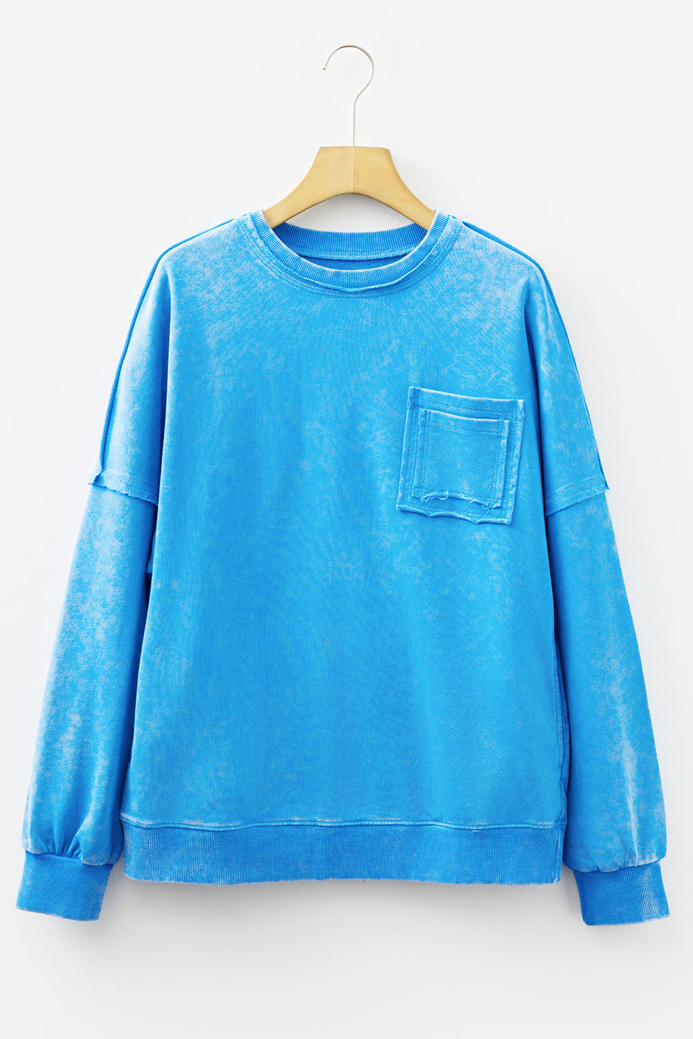 Blue Mineral Wash Raw Seam Double Patched Pocket Pullover Sweatshirt-Tops/Sweatshirts & Hoodies-[Adult]-[Female]-2022 Online Blue Zone Planet