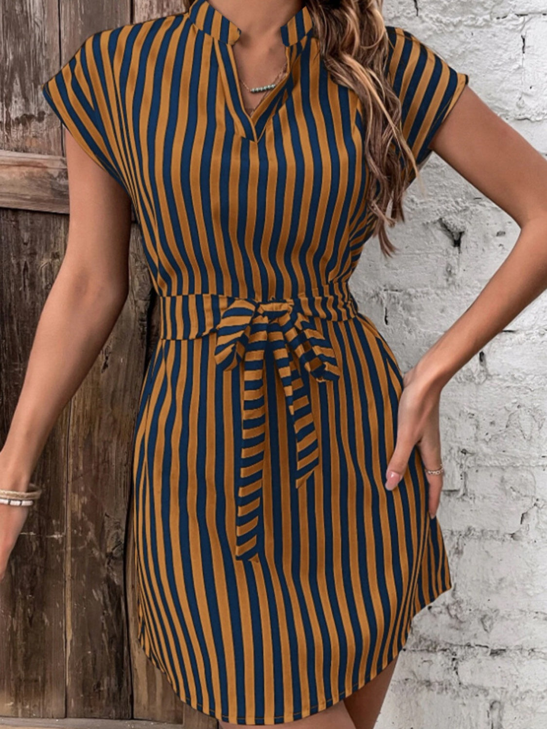 Tied Striped Cap Sleeve Mini Dress-TOPS / DRESSES-[Adult]-[Female]-2022 Online Blue Zone Planet