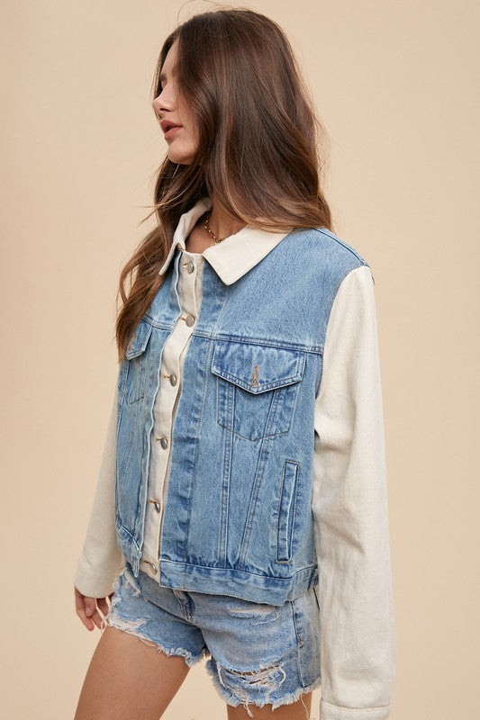 Annie Wear Collared Neck Double Placket Denim Jacket-TOPS / DRESSES-[Adult]-[Female]-2022 Online Blue Zone Planet