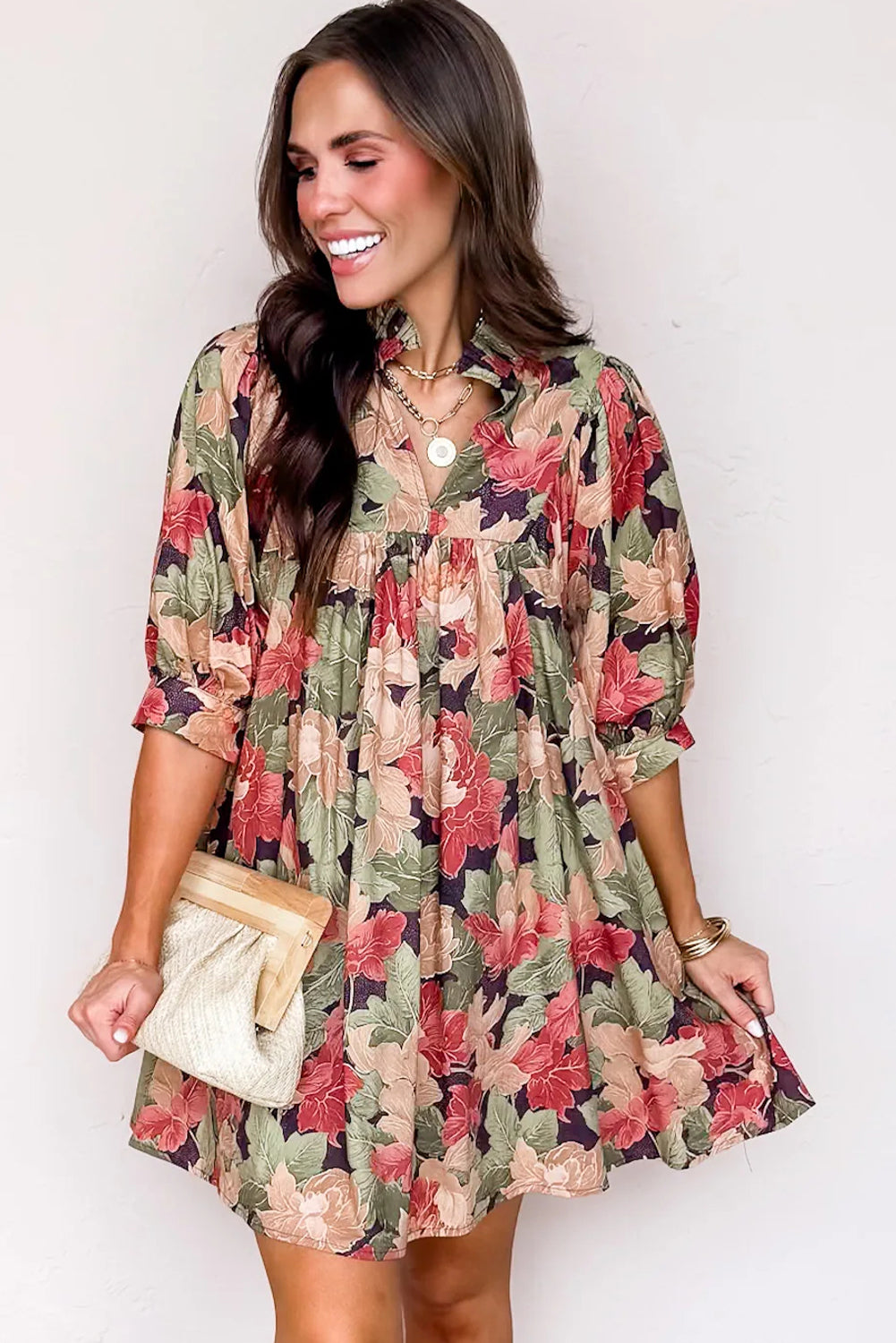 Green Floral Print Frilled Collar V Neck Half Sleeve Mini Dress-TOPS / DRESSES-[Adult]-[Female]-2022 Online Blue Zone Planet