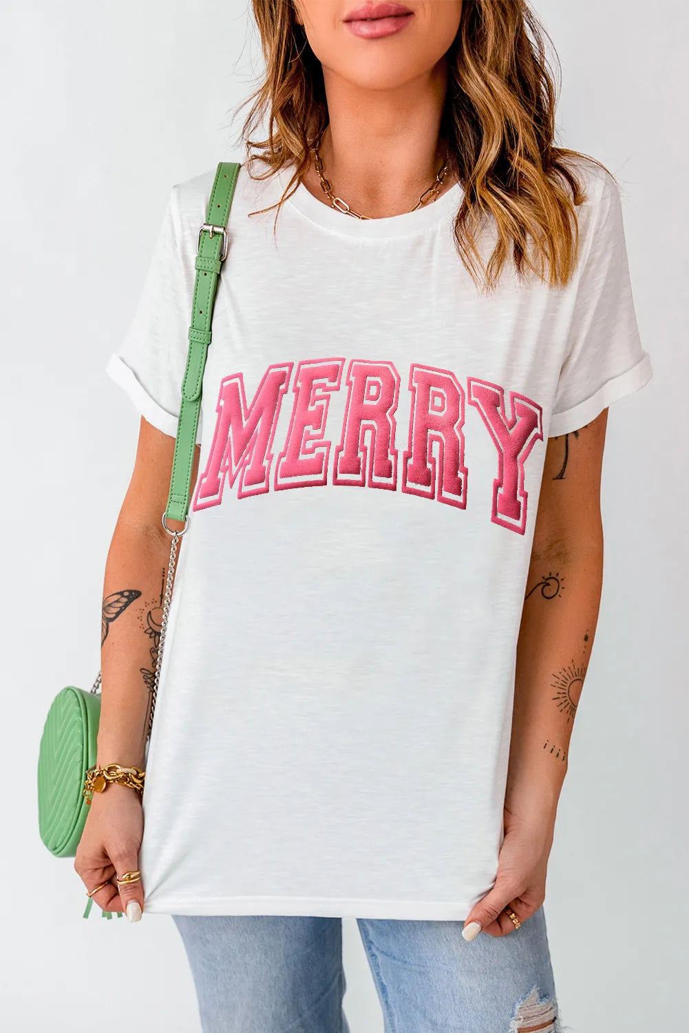 MERRY Round Neck Short Sleeve T-Shirt-TOPS / DRESSES-[Adult]-[Female]-White-S-2022 Online Blue Zone Planet