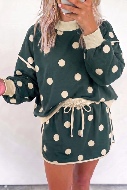 Green Polka Dot Print Color Block Trim Baggy Pullover Drawstring Skirt 2pcs Set-Two Piece Sets/Two Piece Dresses-[Adult]-[Female]-Green-S-2022 Online Blue Zone Planet