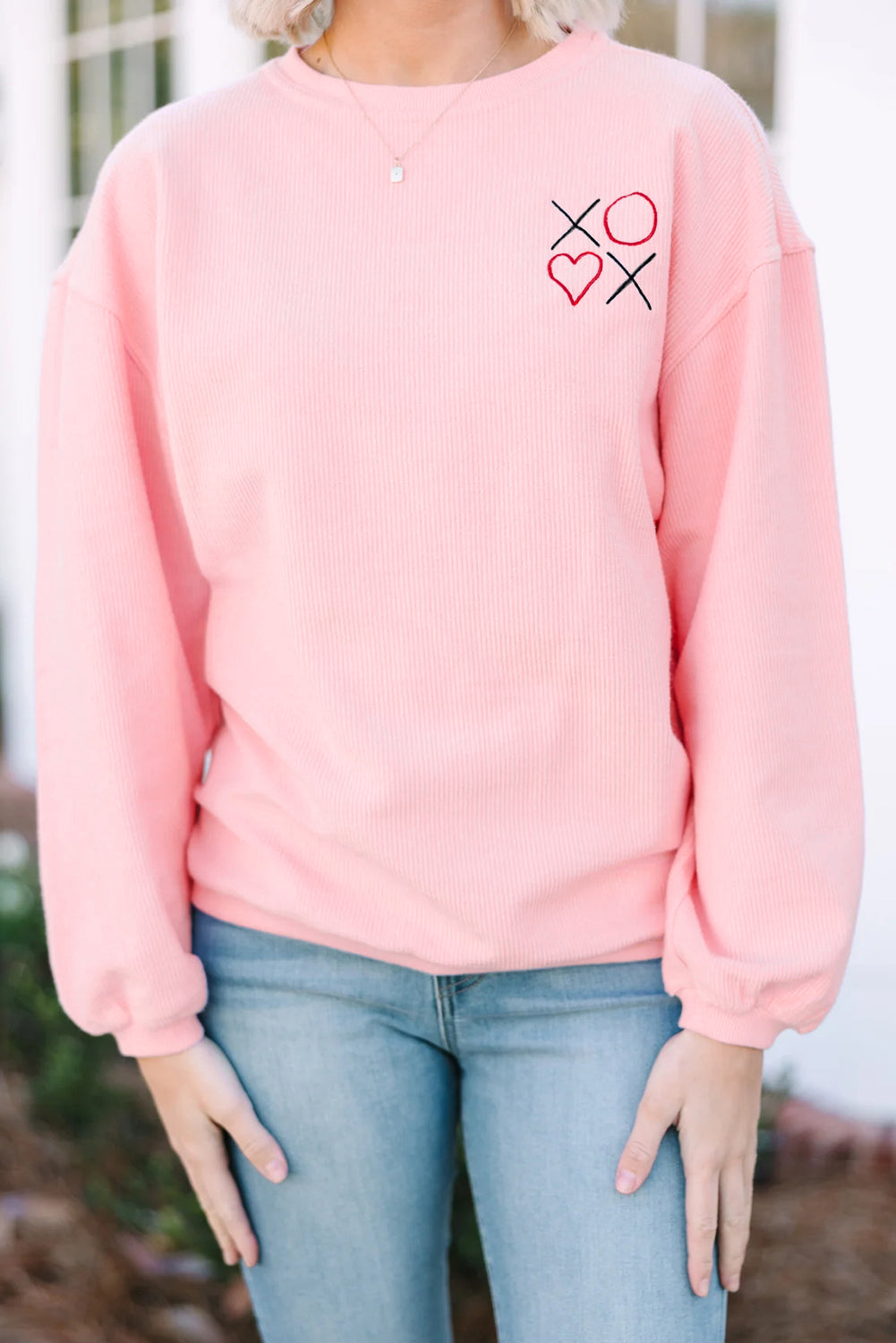 Pink 3d Ribbed XOXO Heart Embroidered Drop Shoulder Sweatshirt-Sweatshirts & Hoodies-[Adult]-[Female]-2022 Online Blue Zone Planet