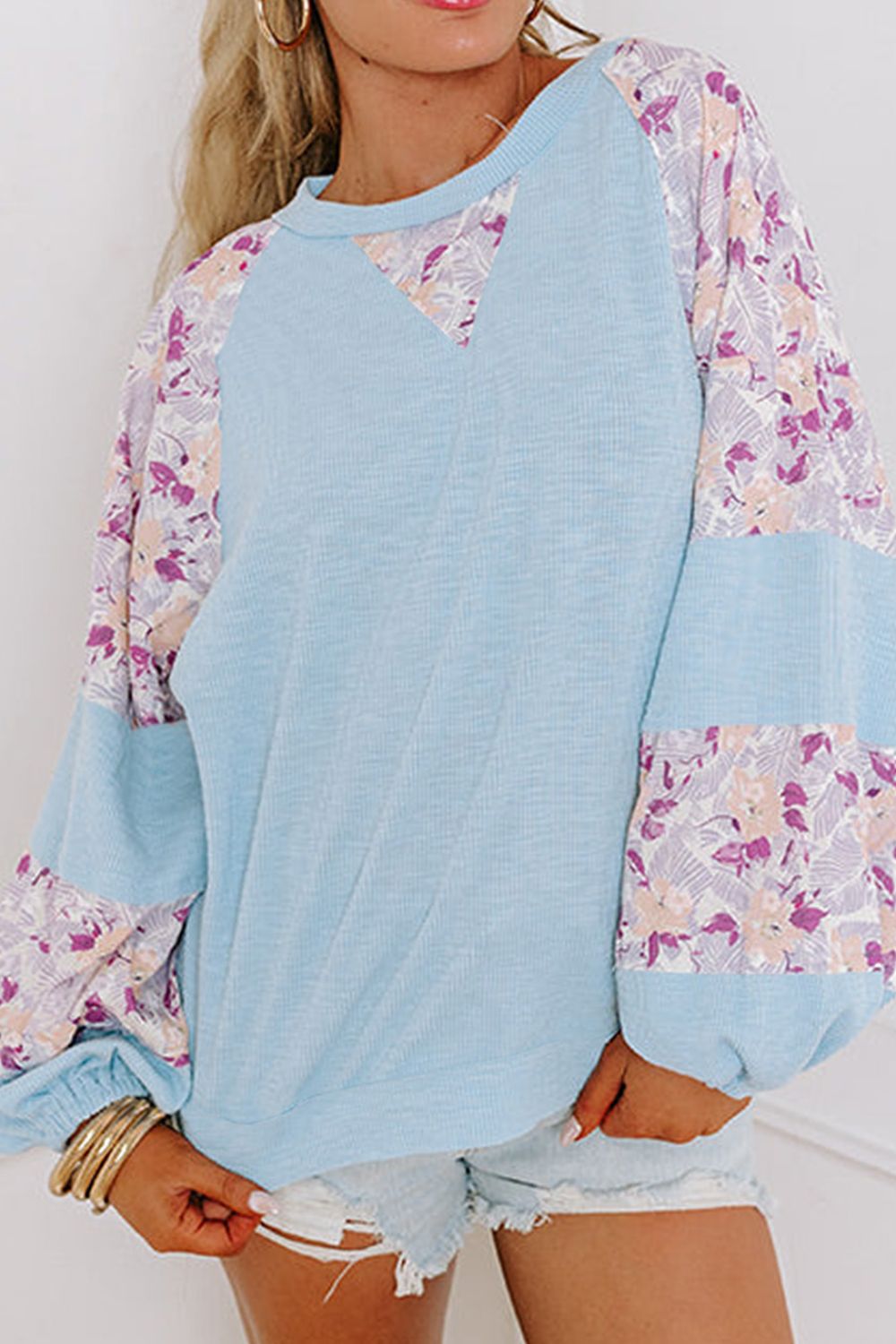 Printed Round Neck Balloon Sleeve Sweatshirt-TOPS / DRESSES-[Adult]-[Female]-Light Blue-S-2022 Online Blue Zone Planet