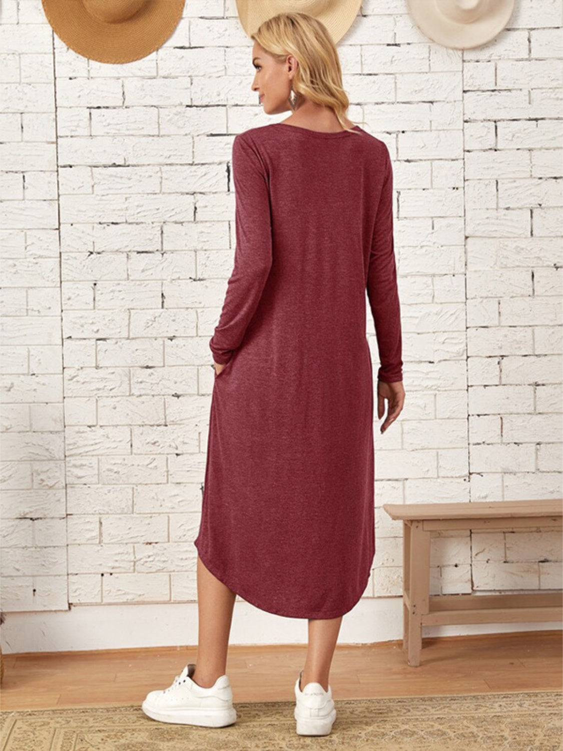 Pocketed Round Neck Long Sleeve Tee Dress-TOPS / DRESSES-[Adult]-[Female]-2022 Online Blue Zone Planet