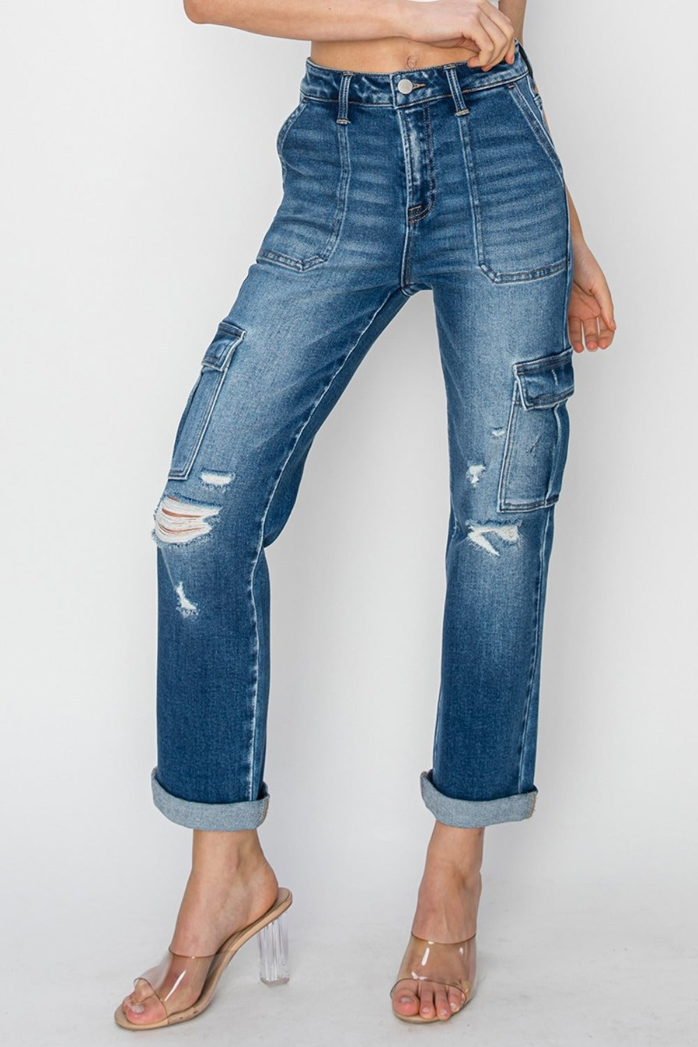 RISEN Full Size High Rise Cargo Ankle Roll Up Straight Jeans-BOTTOMS SIZES SMALL MEDIUM LARGE-[Adult]-[Female]-2022 Online Blue Zone Planet