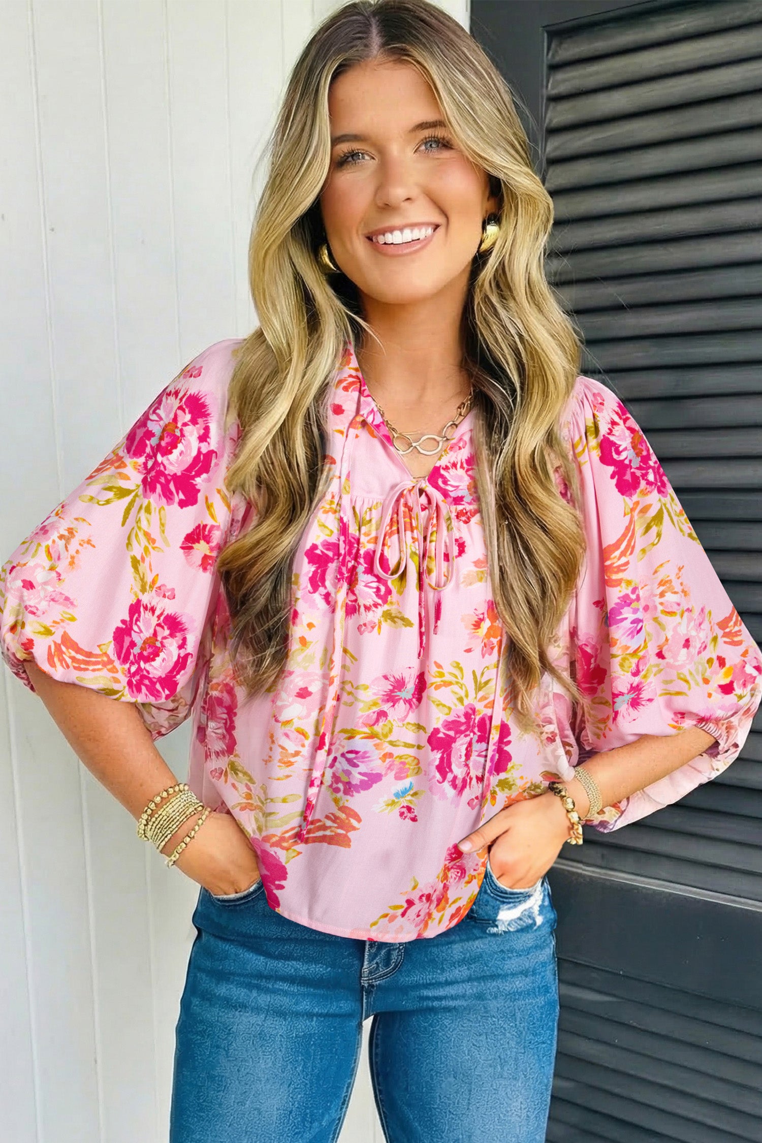Pink Floral Print Tie Neck Puffy Half Sleeve Blouse-Tops/Blouses & Shirts-[Adult]-[Female]-2022 Online Blue Zone Planet