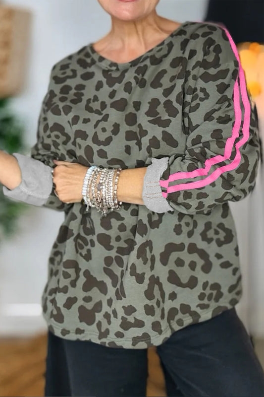 Green Leopard Print Varsity Striped Trim Long Sleeve Top-Tops/Long Sleeve Tops-[Adult]-[Female]-2022 Online Blue Zone Planet