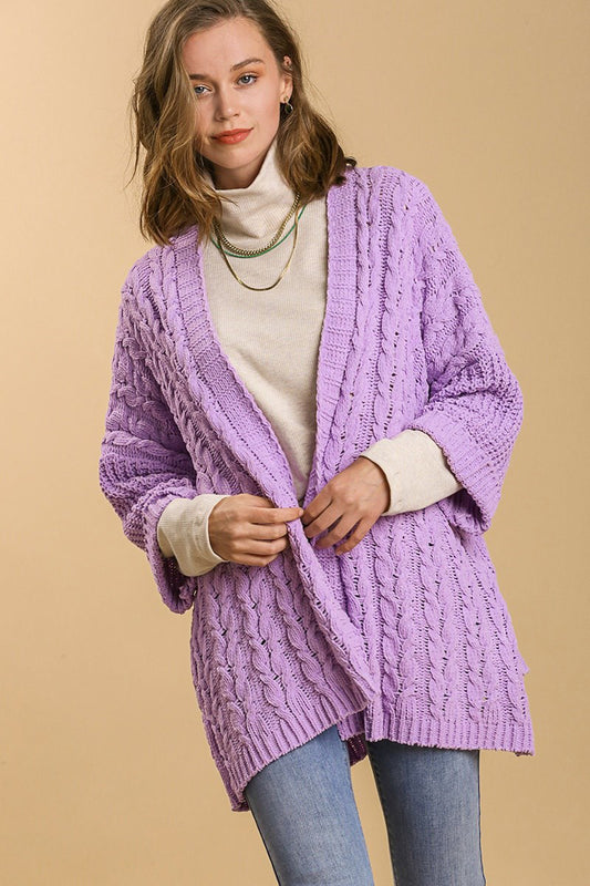 Blue Zone Planet | Umgee Full Size Cable Knit Open Front Long Sleeve Cardigan-TOPS / DRESSES-[Adult]-[Female]-Lilac-S/M-2022 Online Blue Zone Planet