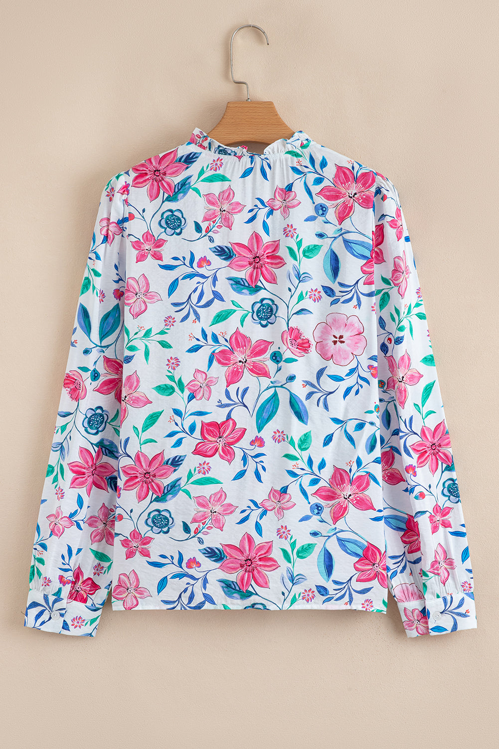 Pink Floral Print Lace Detail Button-Up Long Sleeve Shirt-Tops/Blouses & Shirts-[Adult]-[Female]-2022 Online Blue Zone Planet