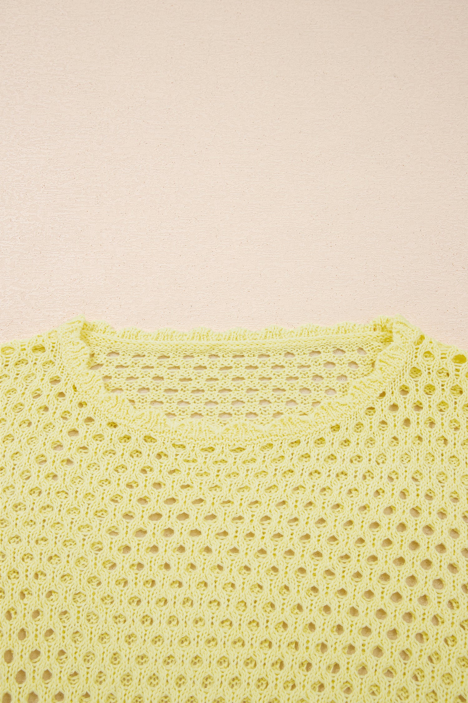 Yellow Cream Scalloped Trim Hollow Out Knit Long Sleeve Top-Sweaters & Cardigans/Sweaters-[Adult]-[Female]-2022 Online Blue Zone Planet