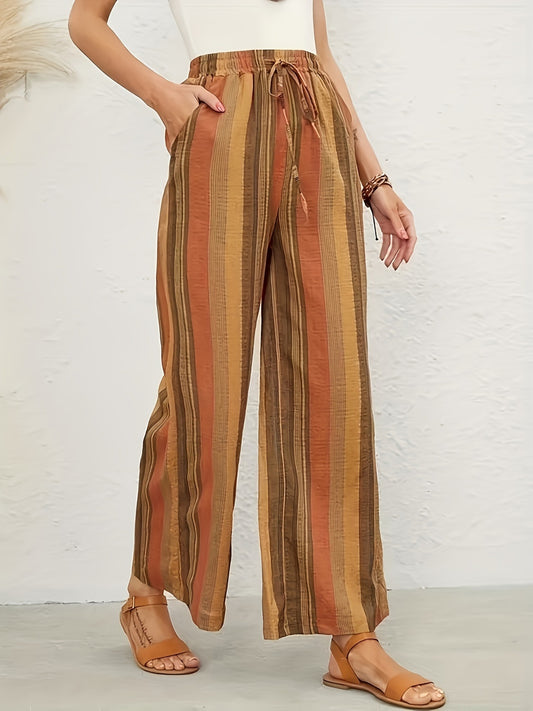 Full Size Drawstring Striped Wide Leg Pants-BOTTOMS SIZES SMALL MEDIUM LARGE-[Adult]-[Female]-Mustard-S-2022 Online Blue Zone Planet