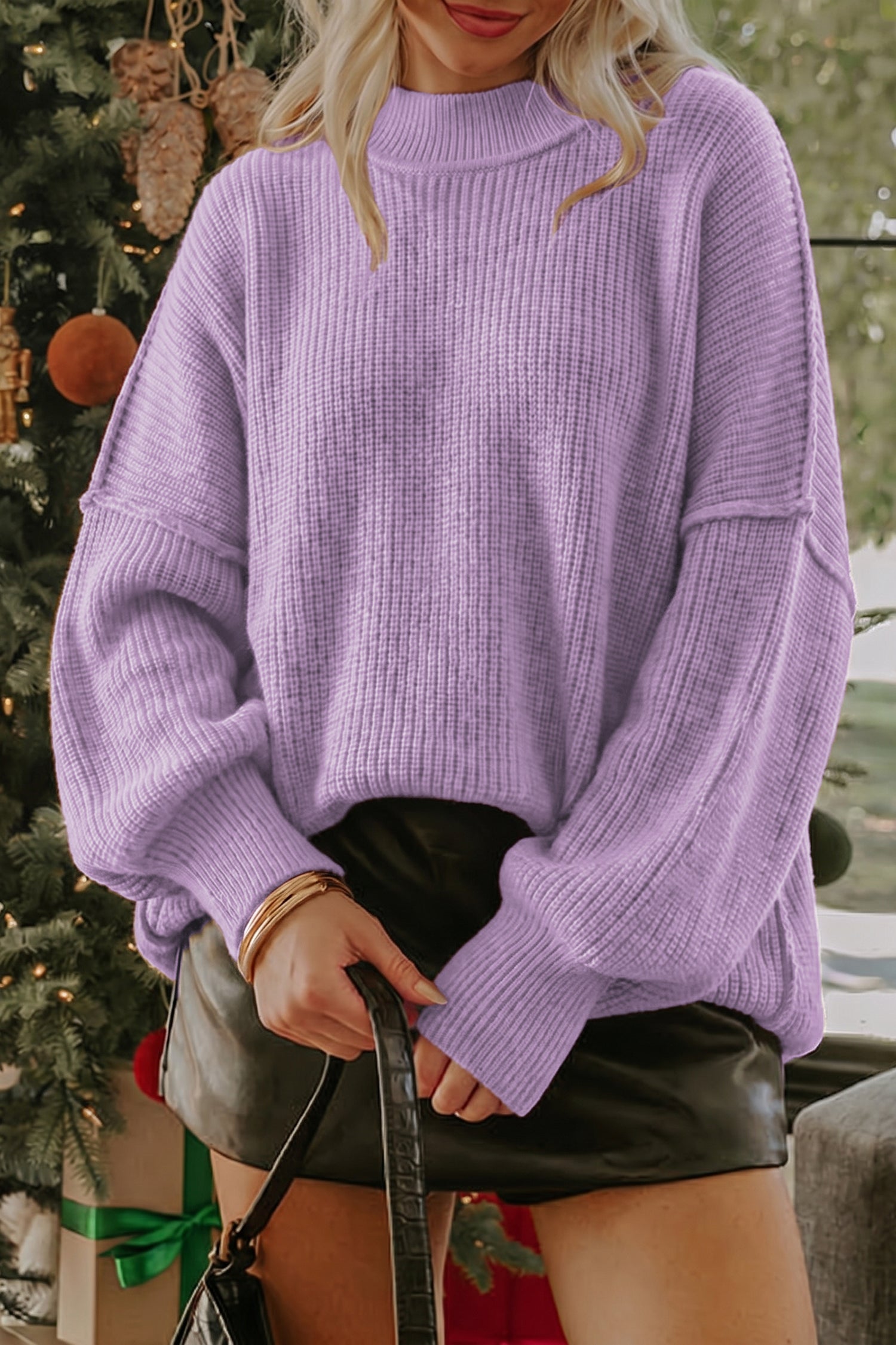Chestnut Solid Color Mock Neck Oversized Tunic Sweater-Sweaters & Cardigans/Sweaters-[Adult]-[Female]-2022 Online Blue Zone Planet