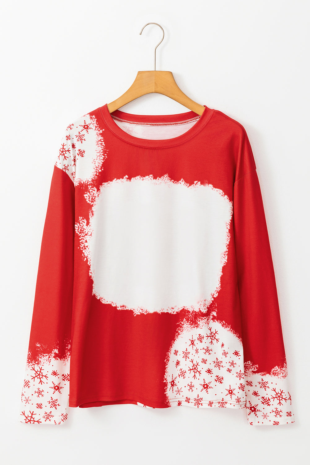 Blue Zone Planet | Fiery Red Snowflake Bleached Print Long Sleeve T Shirt-Blank Apparel-[Adult]-[Female]-2022 Online Blue Zone Planet