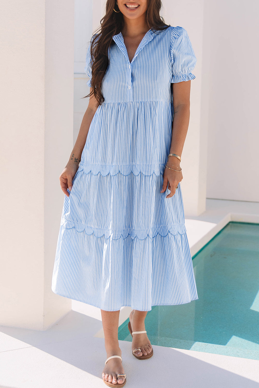 Sky Blue Stripe Bubble Short Sleeve Tiered Scallop Long Dress-TOPS / DRESSES-[Adult]-[Female]-2022 Online Blue Zone Planet
