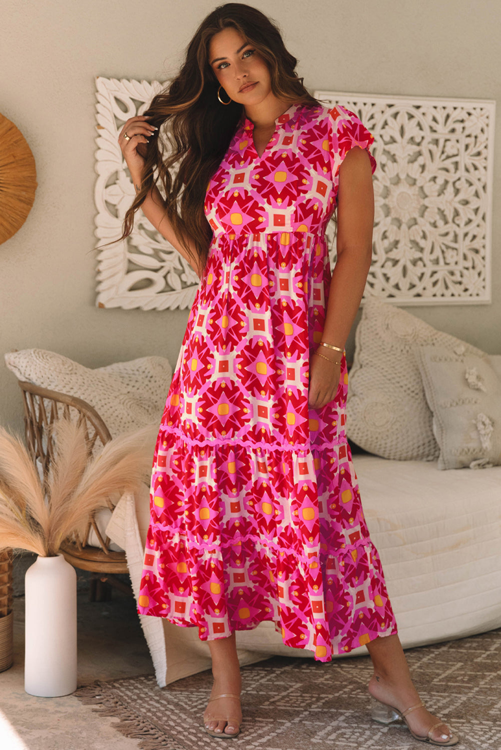 Blue Zone Planet | Strawberry Pink Geo Print V-neck Maxi Dress-TOPS / DRESSES-[Adult]-[Female]-2022 Online Blue Zone Planet