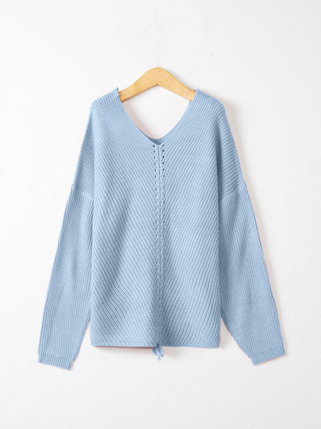 Blue Zone Planet | Full Size Lace Up V-Neck Long Sleeve Sweater-TOPS / DRESSES-[Adult]-[Female]-2022 Online Blue Zone Planet