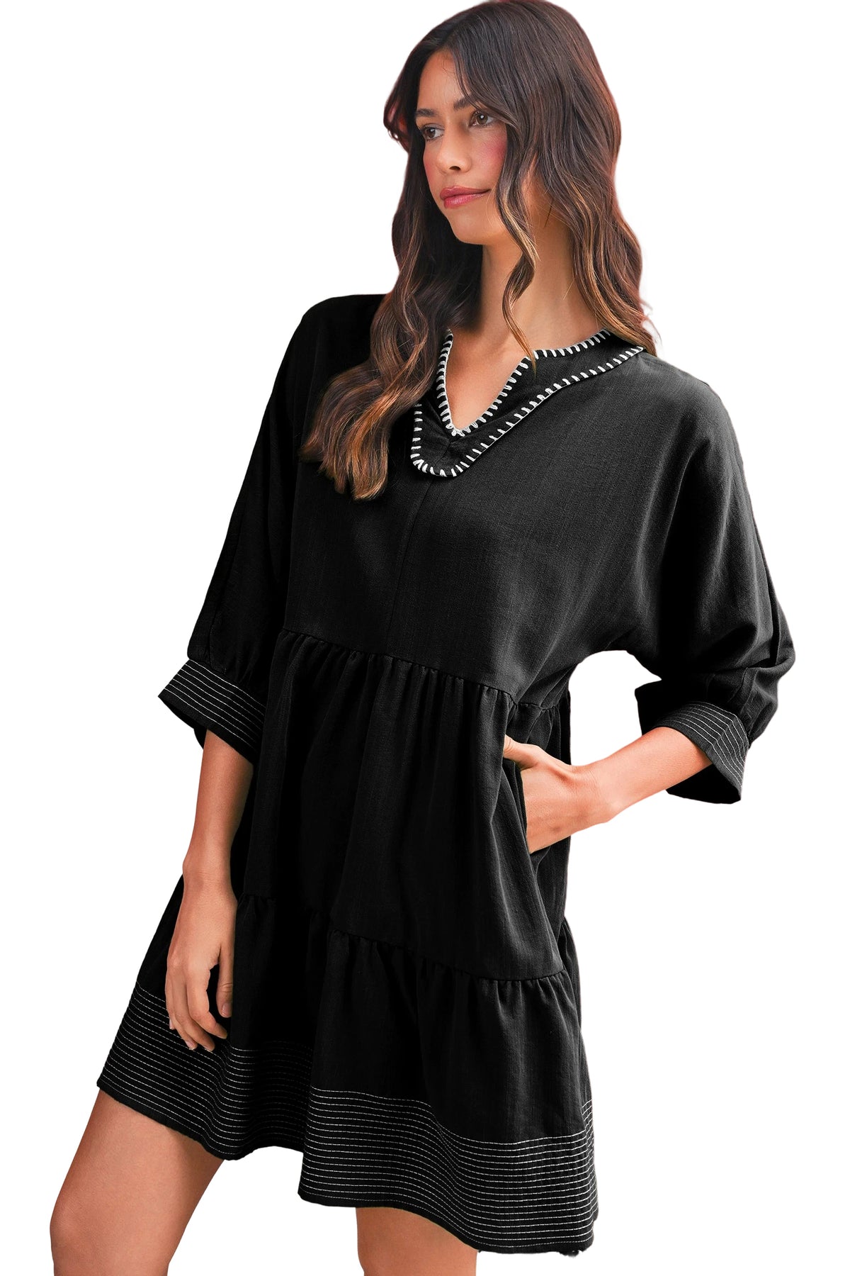 Black Contrast Stitched V Neck 3/4 Sleeve Swing Mini Dress