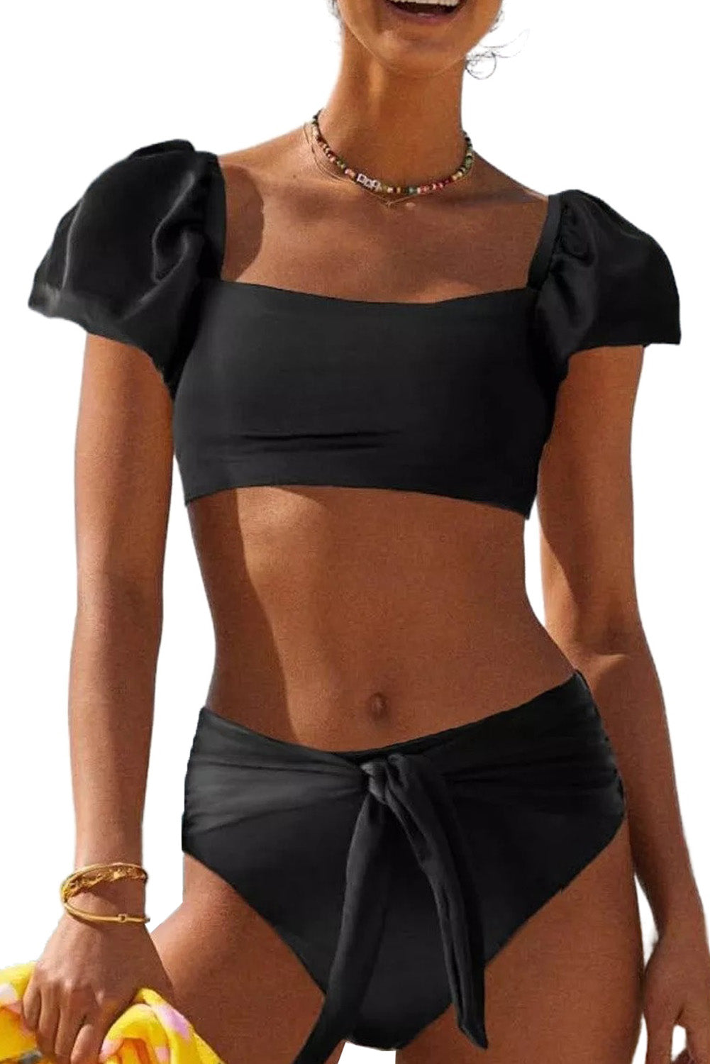 Black Puff Sleeve High Waisted Swimsuit-Bikini Sets-[Adult]-[Female]-2022 Online Blue Zone Planet