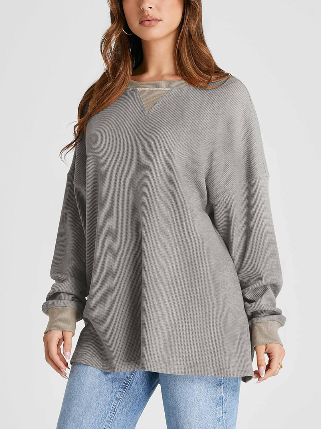 Waffle Knit Round Neck Long Sleeve T-Shirt-TOPS / DRESSES-[Adult]-[Female]-2022 Online Blue Zone Planet