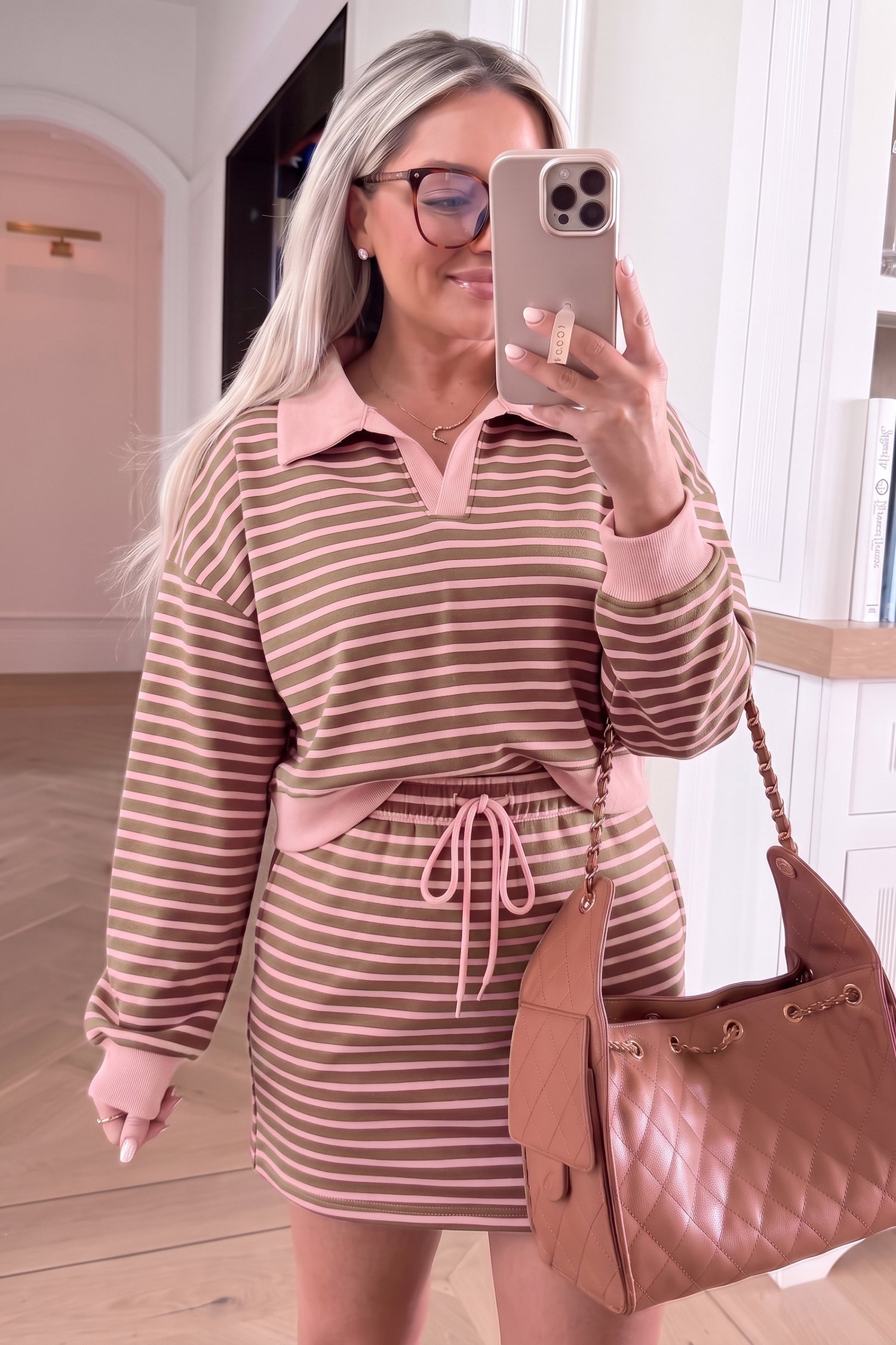 Brown Stripe Striped Drawstring Waist Long Sleeve Top Mini Skort Set-Two Piece Sets/Two Piece Dresses-[Adult]-[Female]-2022 Online Blue Zone Planet