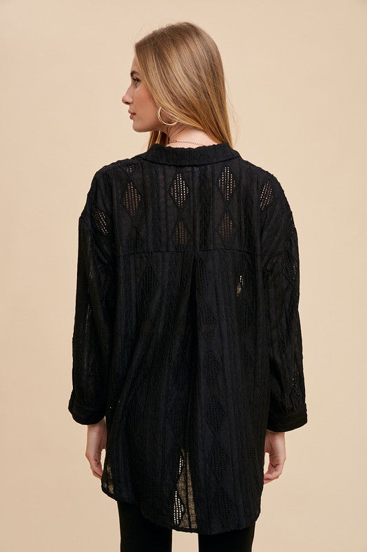 Annie Wear Openwork Button Down Drop Shoulder Shirt-TOPS / DRESSES-[Adult]-[Female]-2022 Online Blue Zone Planet