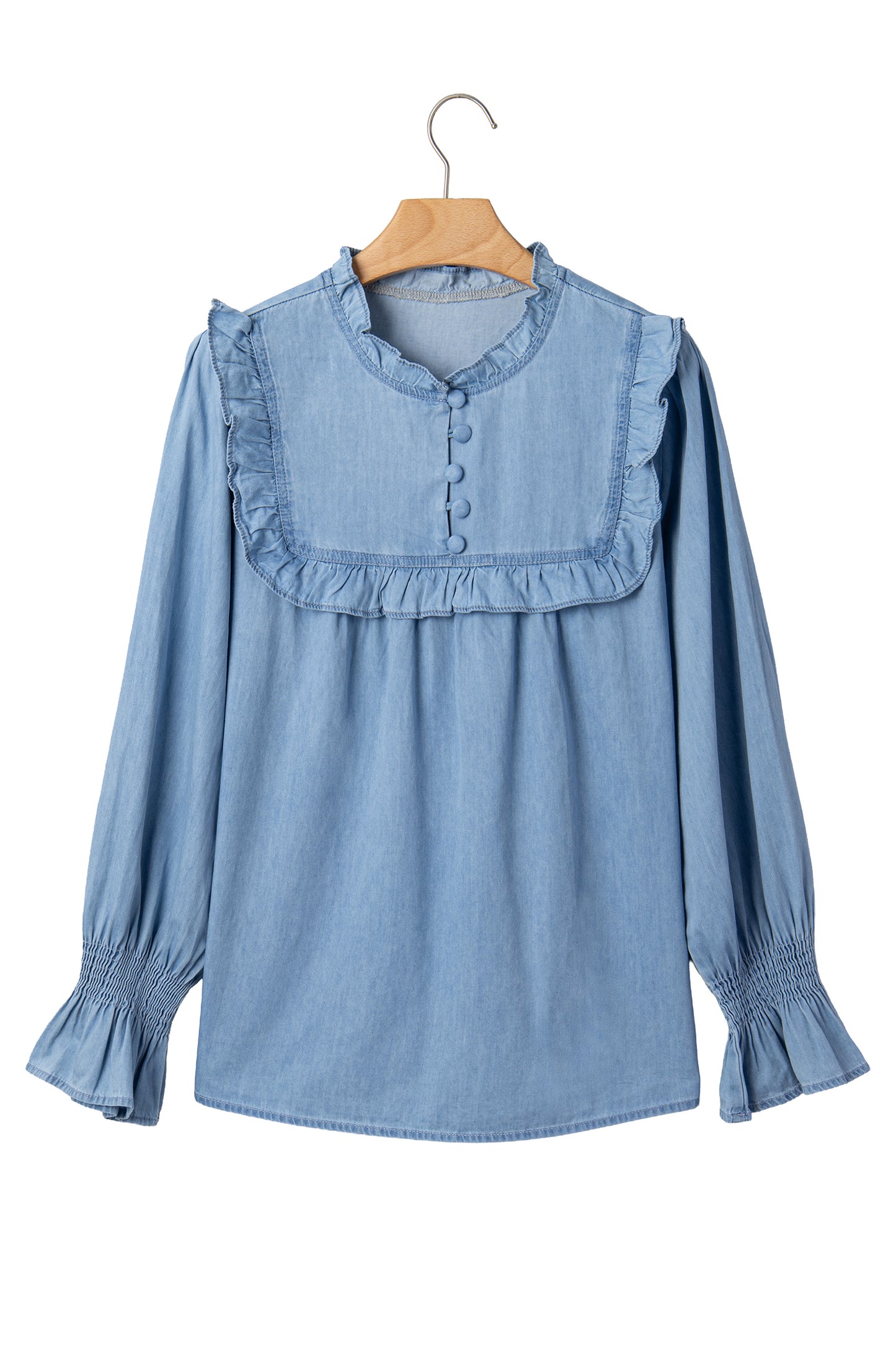 Beau Blue Western Ruffle V Neck Long Sleeve Chambray Blouse-Tops/Blouses & Shirts-[Adult]-[Female]-2022 Online Blue Zone Planet
