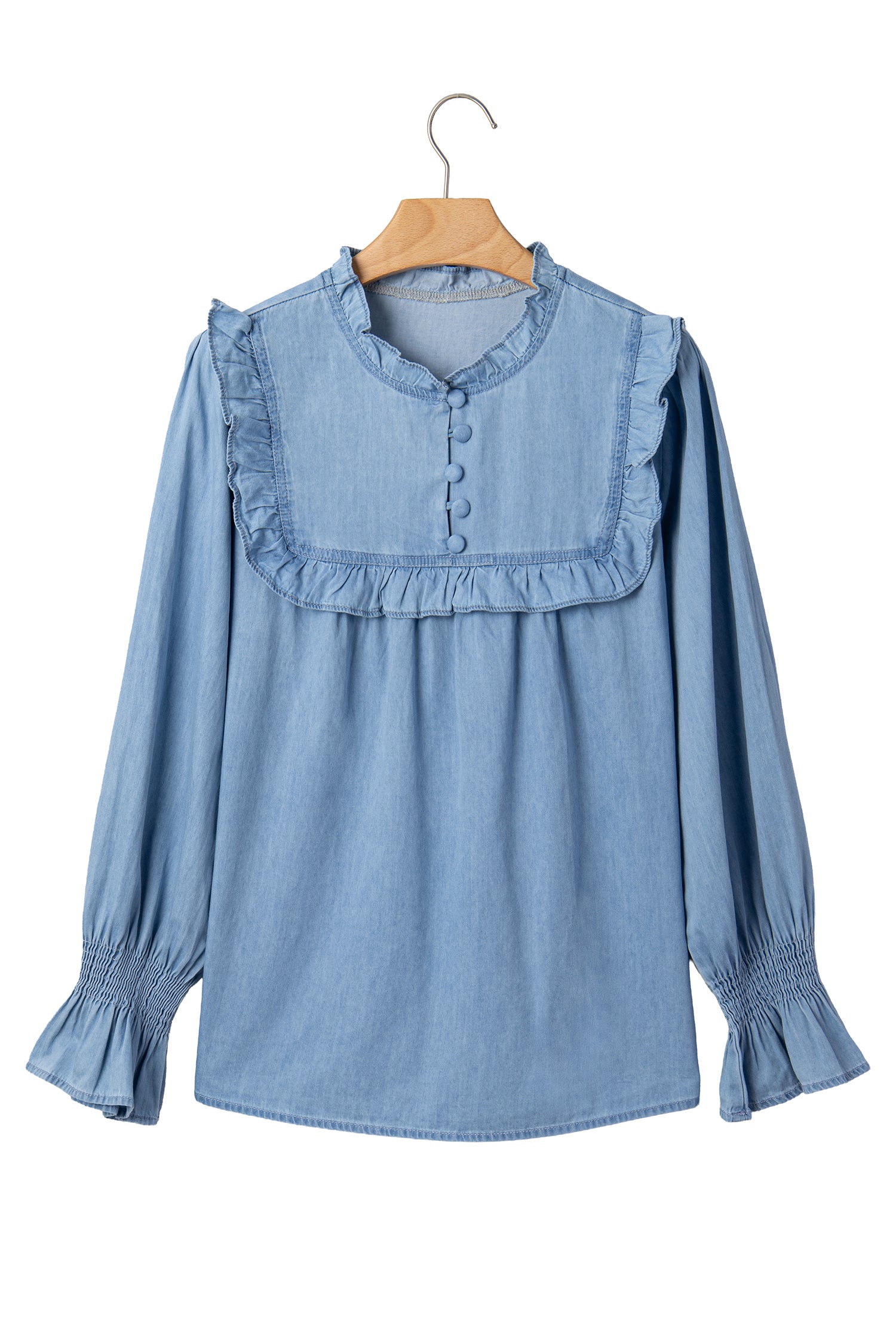 Beau Blue Western Ruffle V Neck Long Sleeve Chambray Blouse-Tops/Blouses & Shirts-[Adult]-[Female]-2022 Online Blue Zone Planet