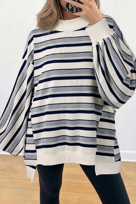 Blue Stripe Striped Ribbed Stand Neck Long Sleeve Shift Silhouette Sweatshirt-Tops/Sweatshirts & Hoodies-[Adult]-[Female]-2022 Online Blue Zone Planet