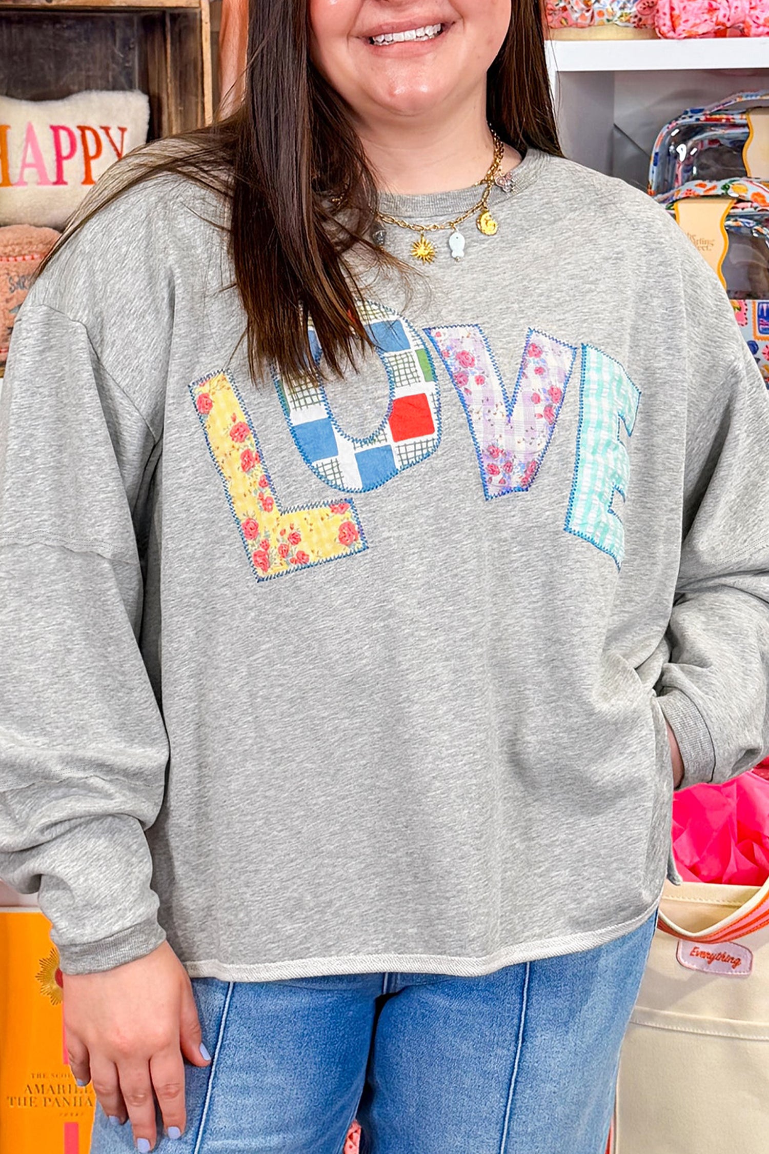 Light Grey Long Sleeve Patch Embroidery Tunic Plus Size Blouse-Plus Size/Plus Size Tops/Plus Size Long Sleeve Tops-[Adult]-[Female]-2022 Online Blue Zone Planet