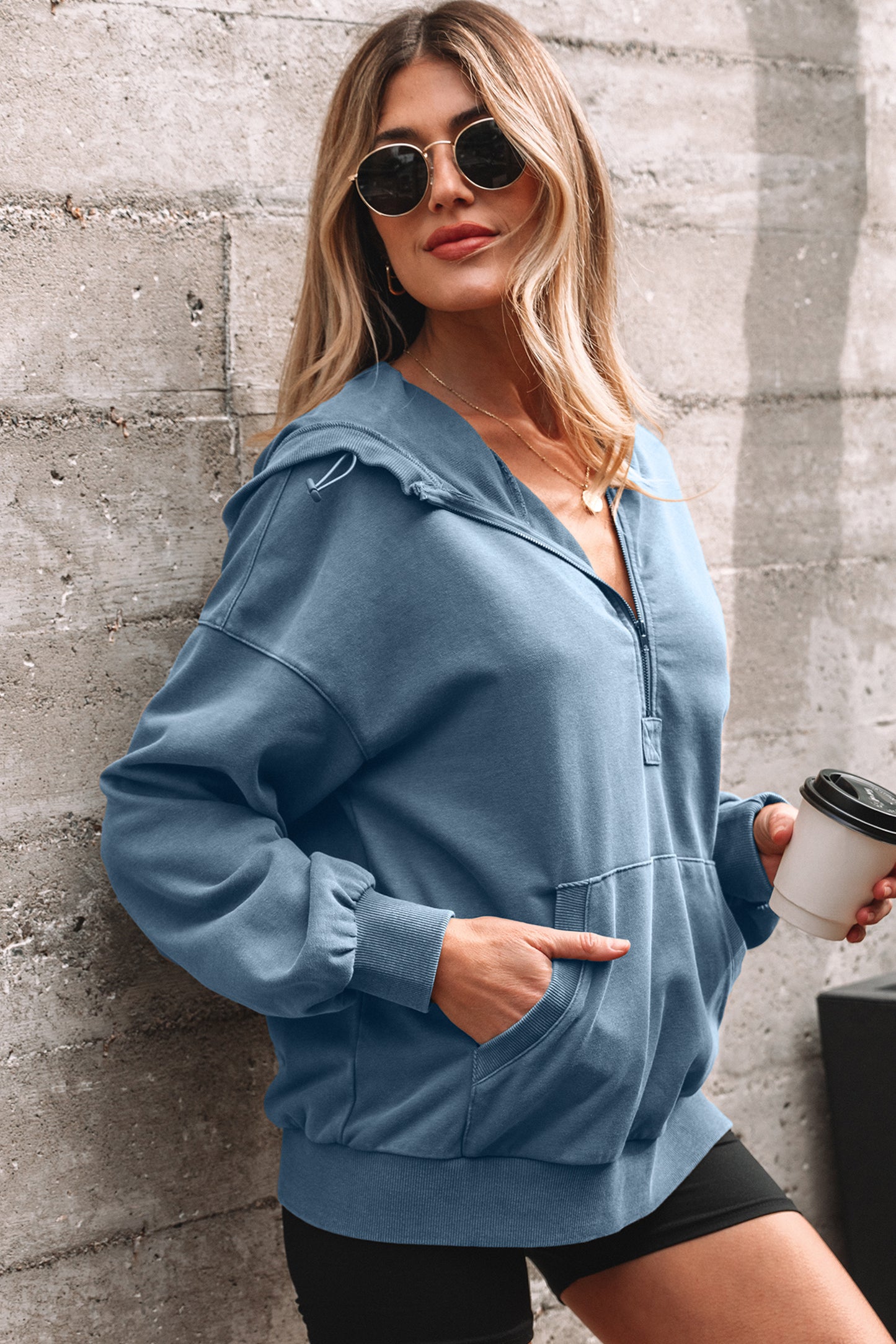 Ashleigh Blue Half Zip Kangaroo Pocket Mineral Wash Baggy Hoodie-Tops / Dresses-[Adult]-[Female]-2022 Online Blue Zone Planet