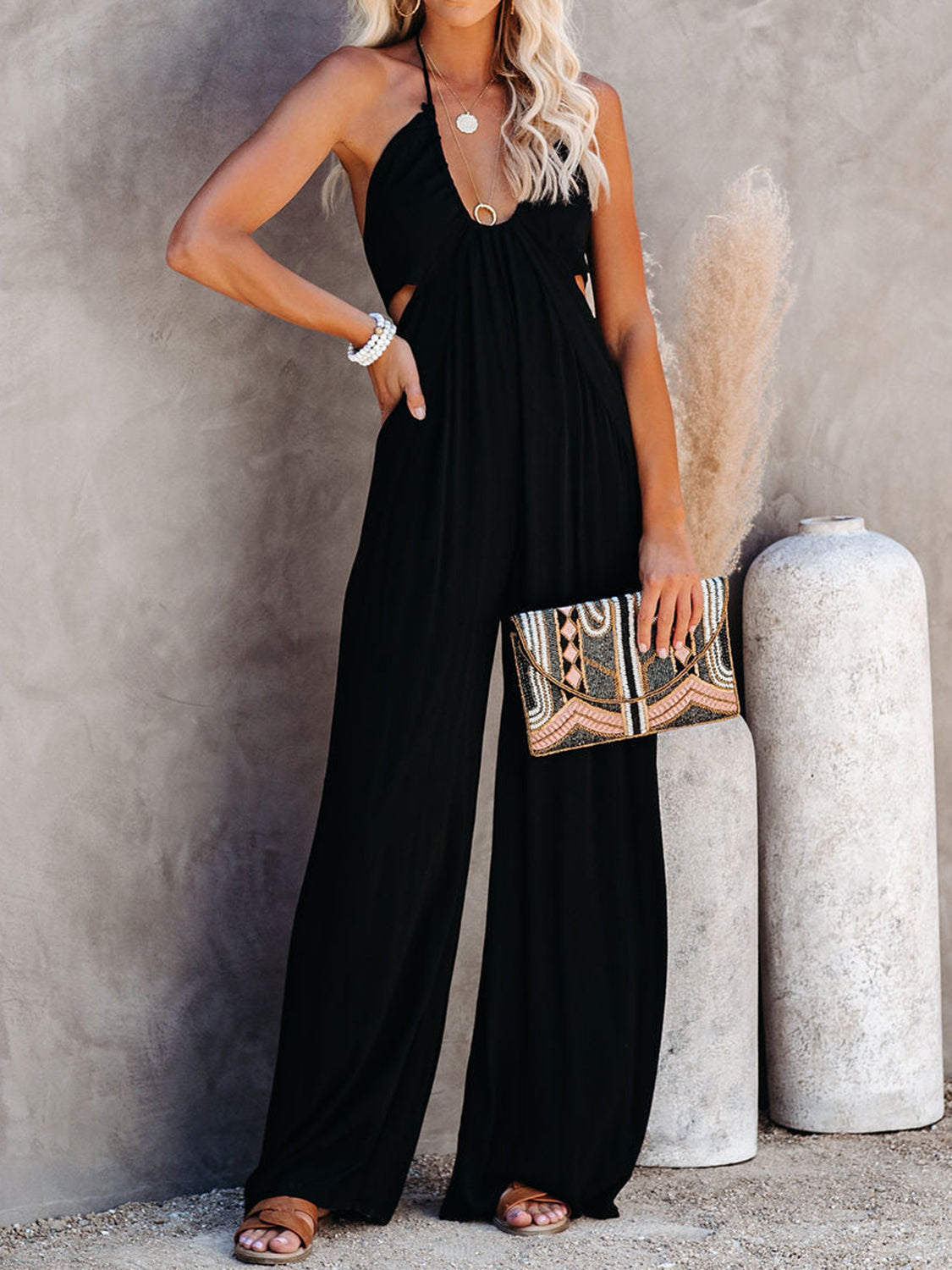 Halter Neck Wide Leg Jumpsuit-TOPS / DRESSES-[Adult]-[Female]-2022 Online Blue Zone Planet