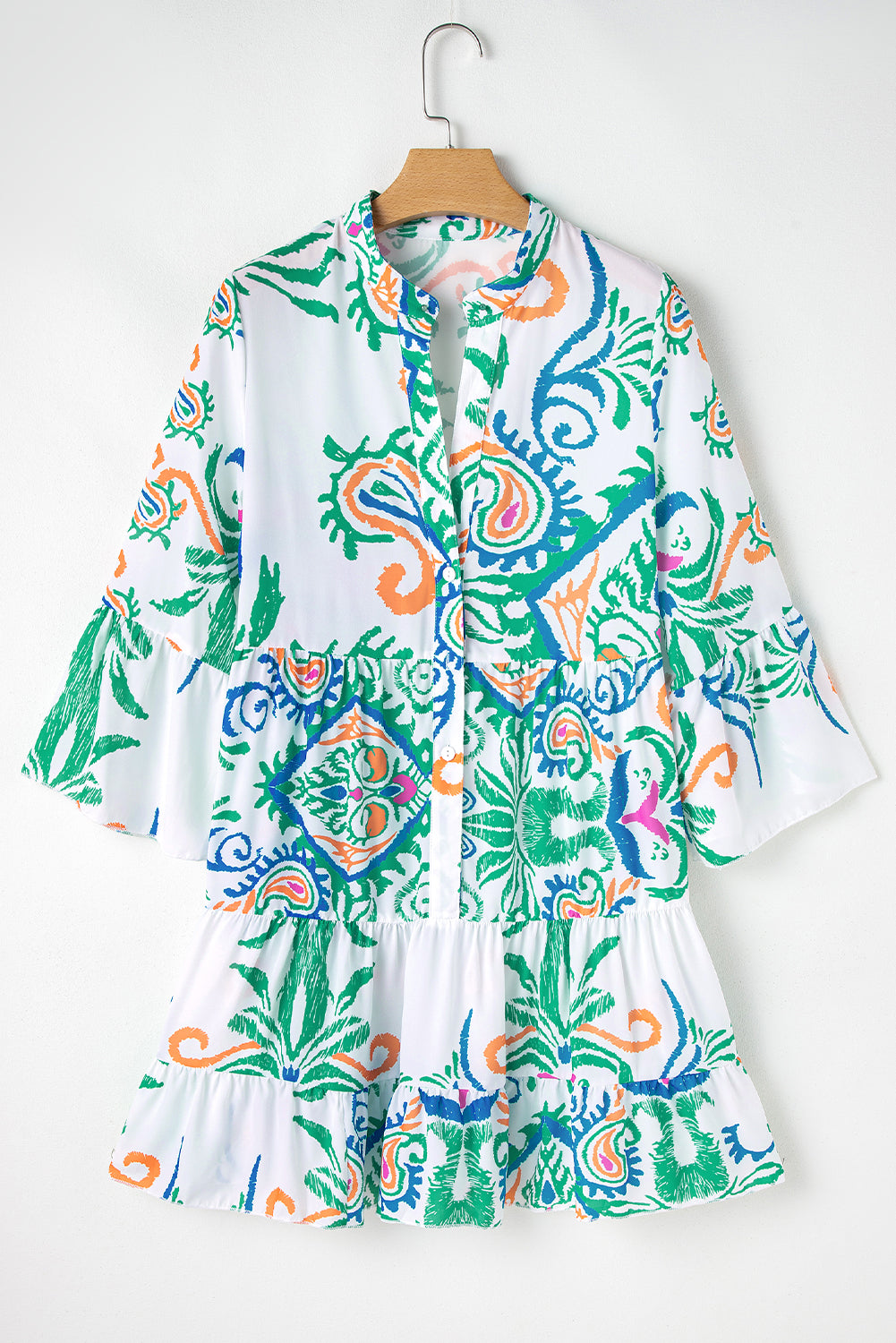 Blue Zone Planet | Green Tribal Bracelet Sleeve Buttoned Mini Dress-Bracelet-[Adult]-[Female]-2022 Online Blue Zone Planet