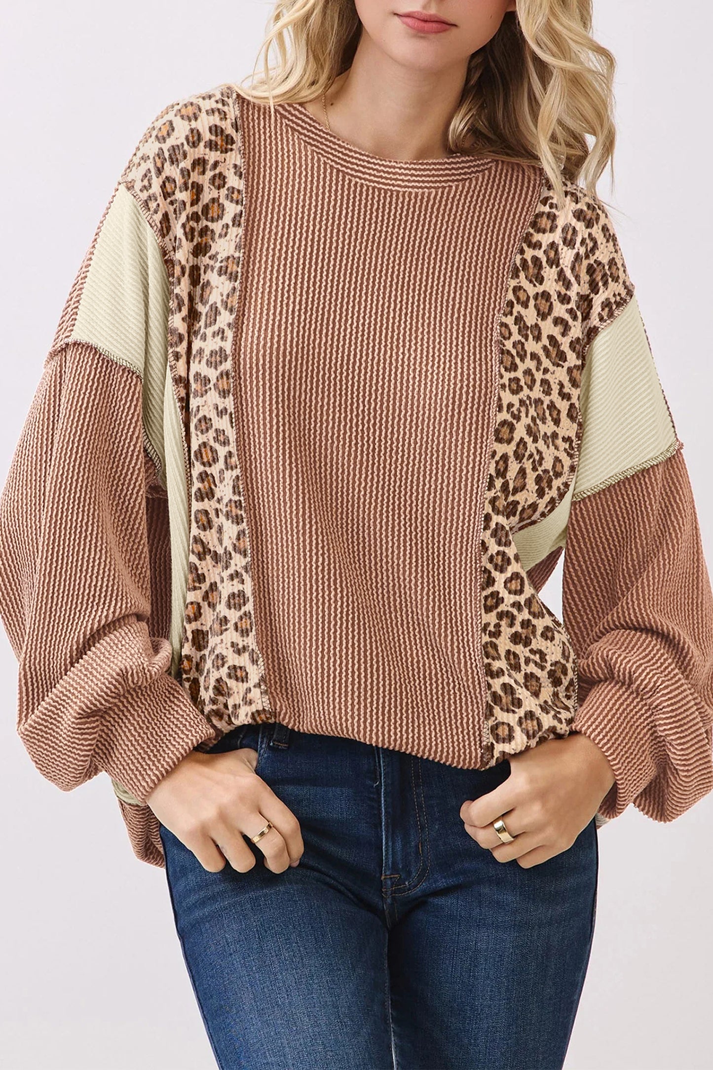 DUNE Leopard Print Colorblock Ribbed Knit Top-Tops/Long Sleeve Tops-[Adult]-[Female]-DUNE-S-2022 Online Blue Zone Planet