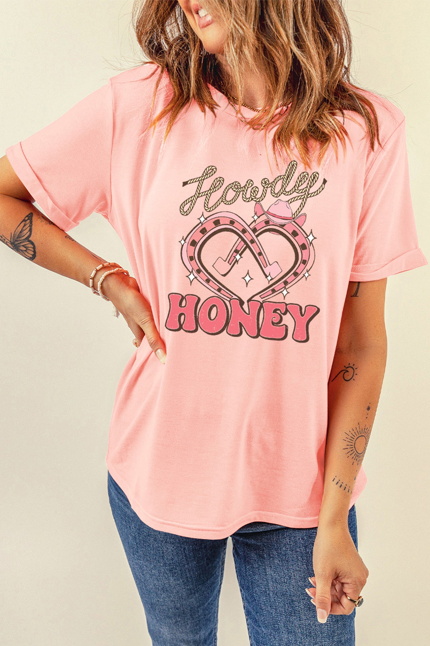 Pink Howdy Honey Horseshoe Heart Printed T Shirt-Graphic Tees-[Adult]-[Female]-2022 Online Blue Zone Planet