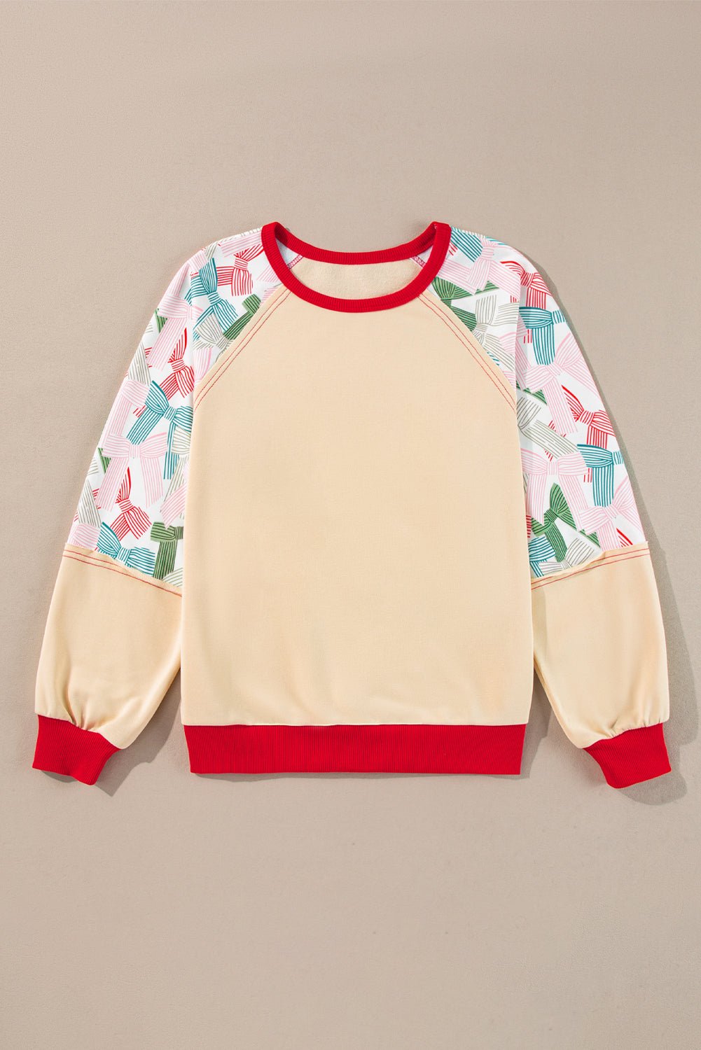 Blue Zone Planet | Beige Bowknot Print Patchwork Raglan Sleeve Top-Long Sleeve Tops-[Adult]-[Female]-2022 Online Blue Zone Planet