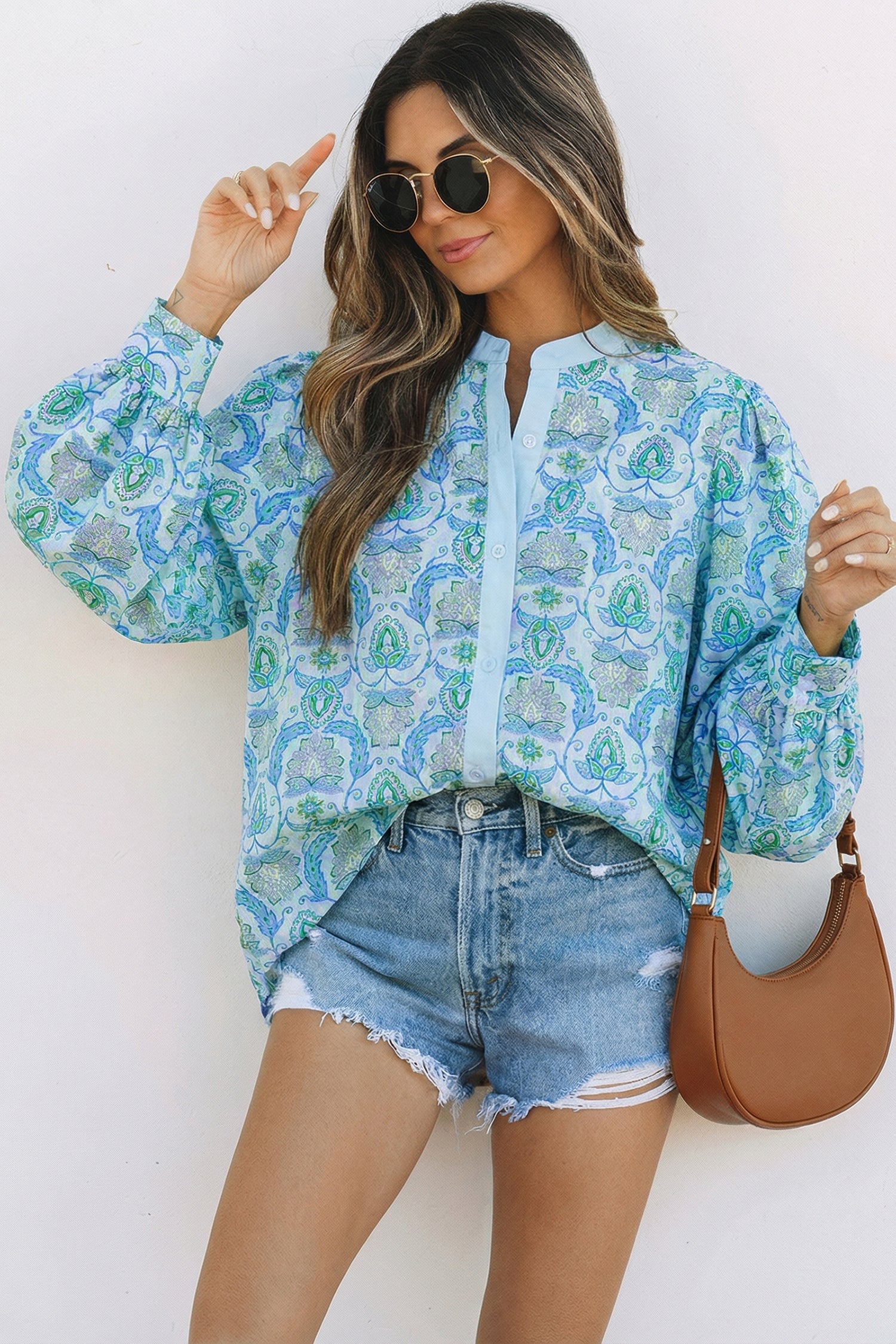 Sky Blue Paisley Print Puff Sleeve Loose Shirt-Tops/Blouses & Shirts-[Adult]-[Female]-2022 Online Blue Zone Planet