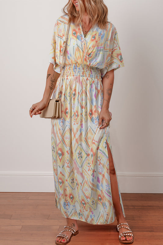 Multicolour Geometric Print Half Sleeve Shirred High Waist Maxi Dress-TOPS / DRESSES-[Adult]-[Female]-Multicolour-S-2022 Online Blue Zone Planet