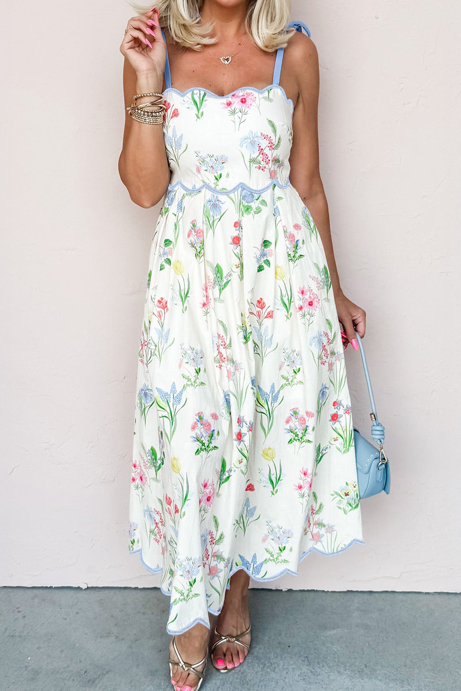 Beige Floral Print Contrast Trim Self-tie Straps High Waist Midi Dress-Dresses/Floral Dresses-[Adult]-[Female]-2022 Online Blue Zone Planet