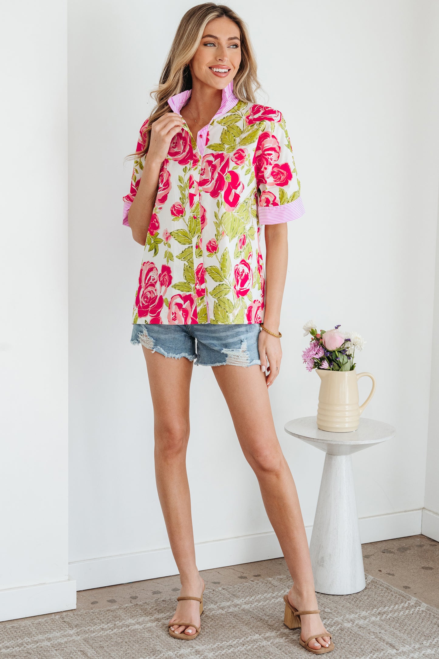 Pink Flower Print Striped Trim Frilled Collar Short Sleeve Shirt-Tops/Blouses & Shirts-[Adult]-[Female]-2022 Online Blue Zone Planet
