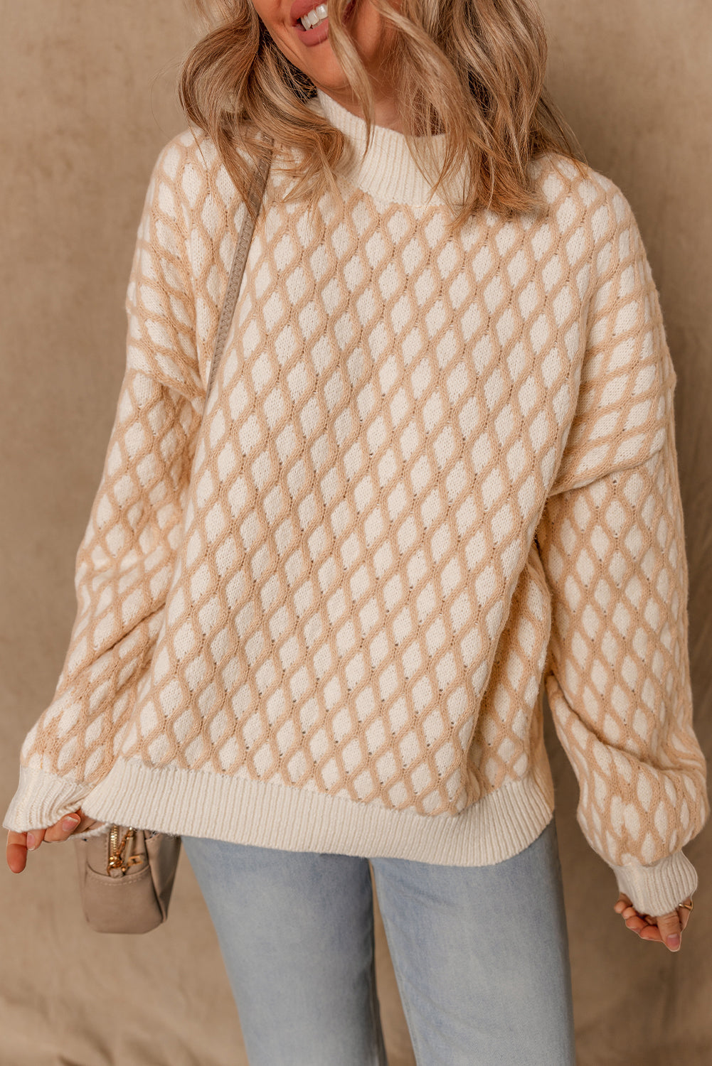 Smoke Gray Rhombus Textured Knit Mock Neck Sweater-Sweaters & Cardigans/Sweaters-[Adult]-[Female]-Smoke Gray-S-2022 Online Blue Zone Planet